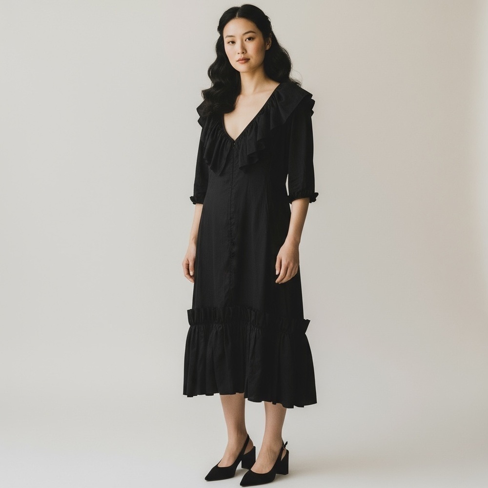1950s Vintage Black Ruffle Midi Dress Handmade by Saks Fifth Avenue Seamstress - Picture 1 of 10